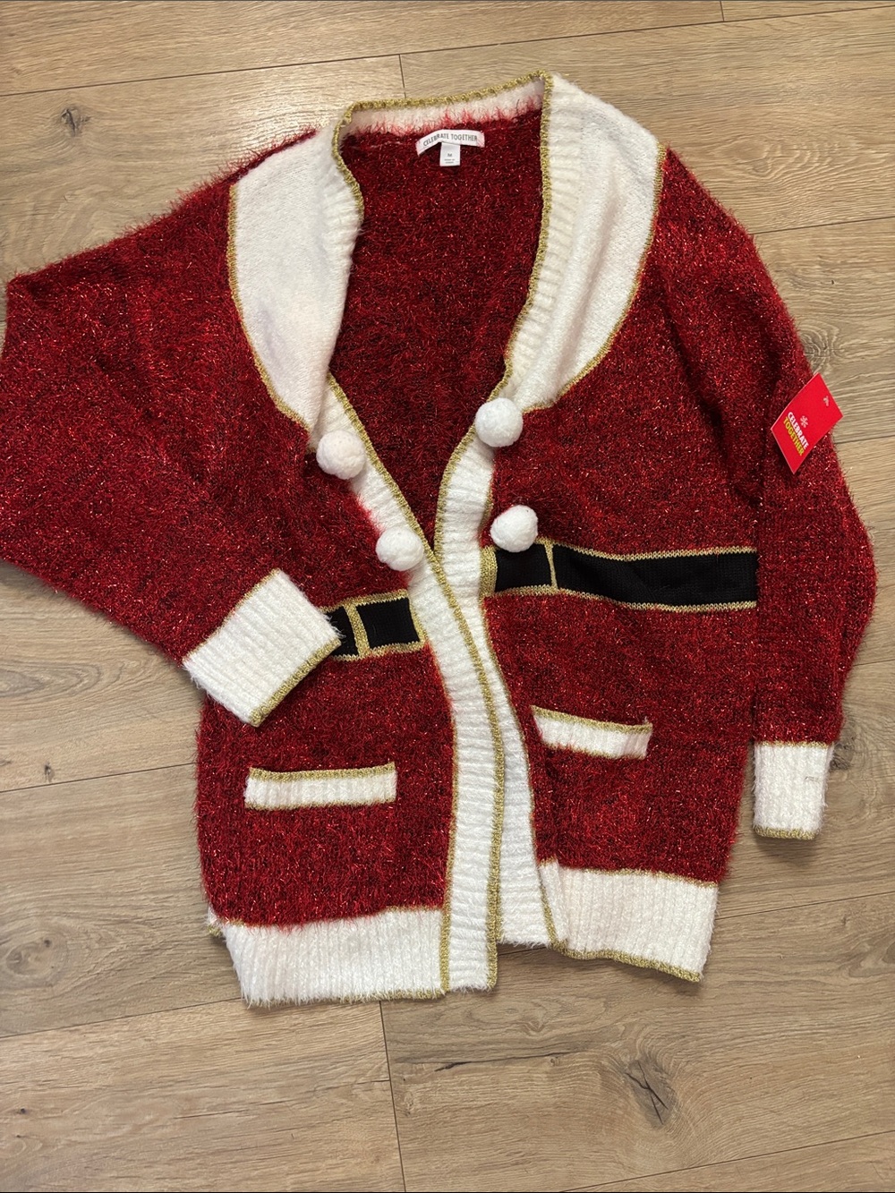 NWT Festive Red & White Pom-Trim Holiday Cardigan Santa